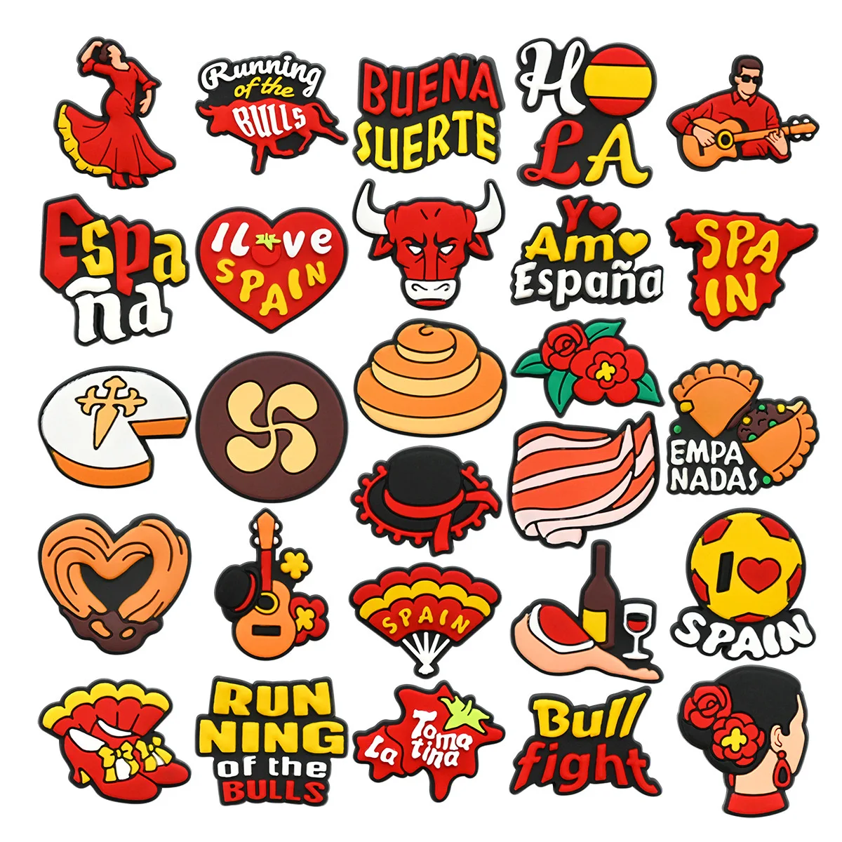 1-27 pièces j'aime l'espagne taureau combat PVC chaussures breloques bricolage adulte sandales accessoires Churro Hola boucle ornement pour cadeaux de voyage
