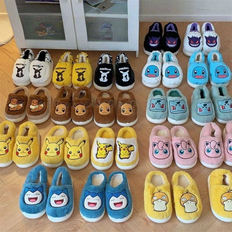 Хлопковые тапочки для пары Pokemon Anime Pikachu Eevee, зимние милые мужские и женские домашние туфли с героями мультфильмов и бархатной изоляцией, противоскользящая