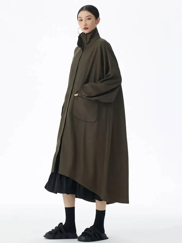 

Women Army Green Pocket Big Size Trench New Stand Collar Long Sleeve Windbreaker Fashion Tide Spring Autumn