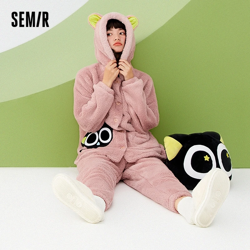 Semir Home Set Men Double-Sided Velvet Warm 2022 Hooded Pajamas Cartoon Leggings