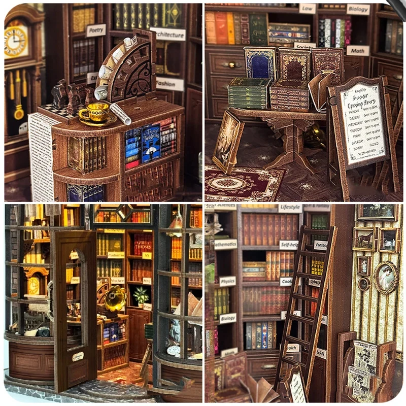 New 3D Wooden Dollhouse Hogue Bookstore Miniature with Furniture Kit Booknook DIY Assemble Toy Child Adult Christmas Gift Casa