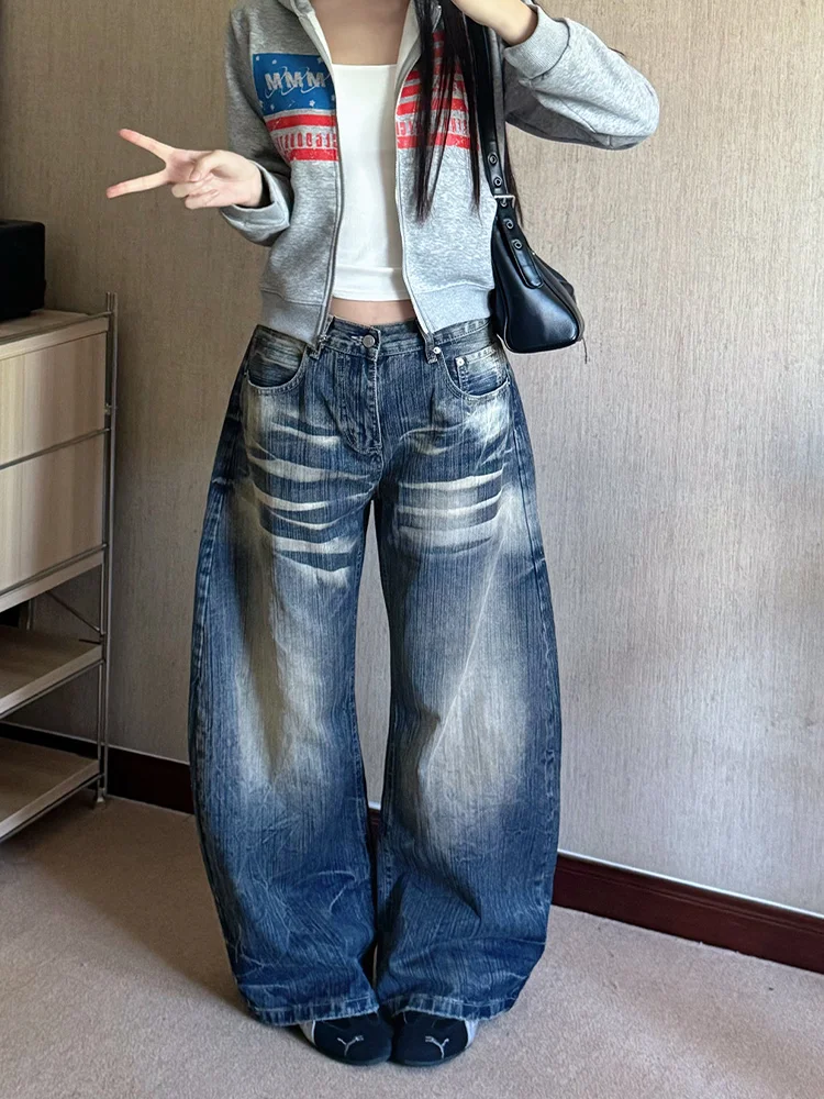 

Retro Large Size Denim Jeans Women's Spring New Loose Casual Wide Leg Pants High Waist Straight Cut Water Washed Faded