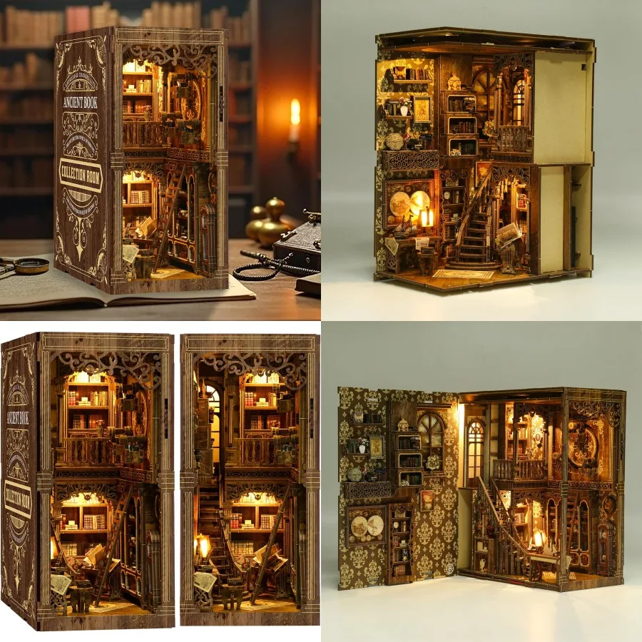 

Набор книжных уголок для взрослых, миниатюрная модель, комплект кукольного домика, 3D деревянная головоломка с датчиком, светодиодная подсветка для книжной полки, вставка для книжной полки