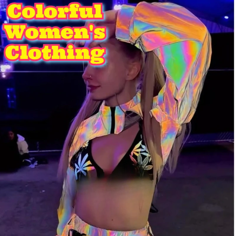 Shimmer Glow Reflective Colorful Long Sleeve Overlay Top Music Festival Nightclub Stage Performance Show Party Costume Women