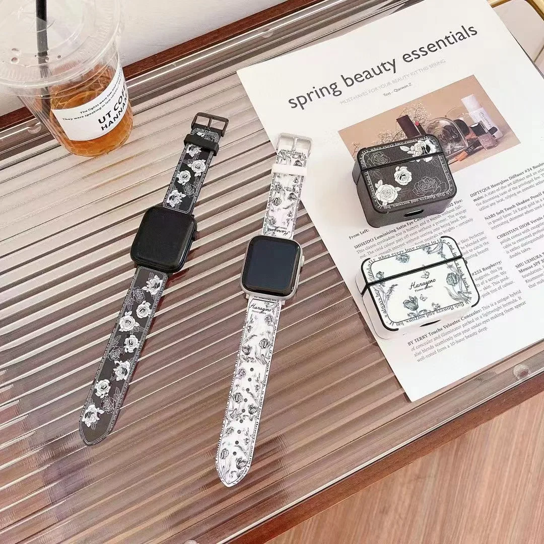 2024 Luxury brand design iWatch 38/40/41/42/44/45mm universal male and female couple simple camellia black and white smart strap