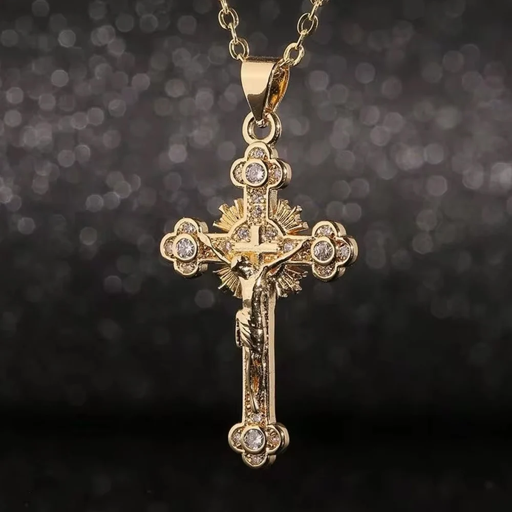 Religion Jesus Cross Pendant Necklace For Women Men Shiny Rhinestone Gold Color Chain Simple Design Hip Hop Party Jewelry