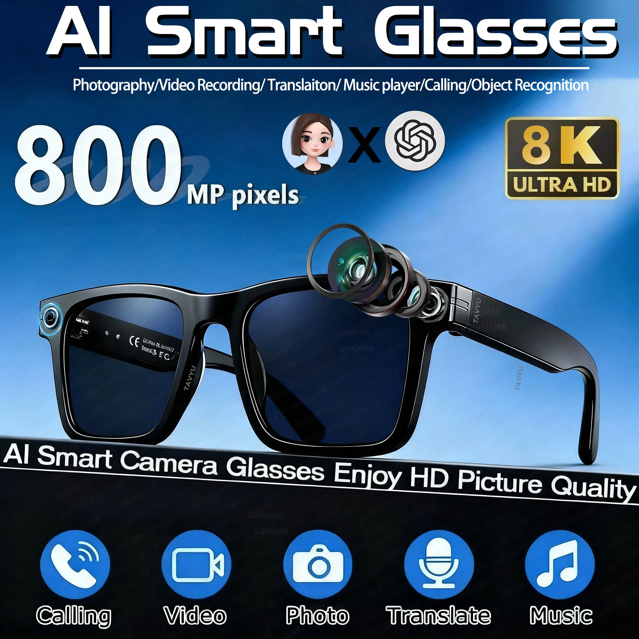 

2026 Fashion AI Smart Bluetooth Glasses 800MP Picxel Bluetooth Call Playing Music Men Women WIFI Smart Sunglasses Camera Control