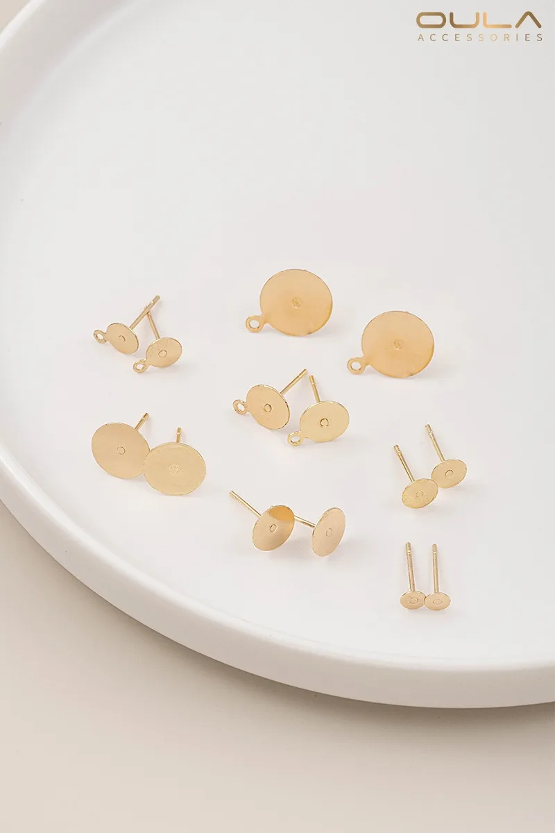 14K Gold-plated Flat Ear Pins with Lifting Rings, Diy Handmade Earrings Material, Can Stick Pearl Accessories, Tray Ear Studs