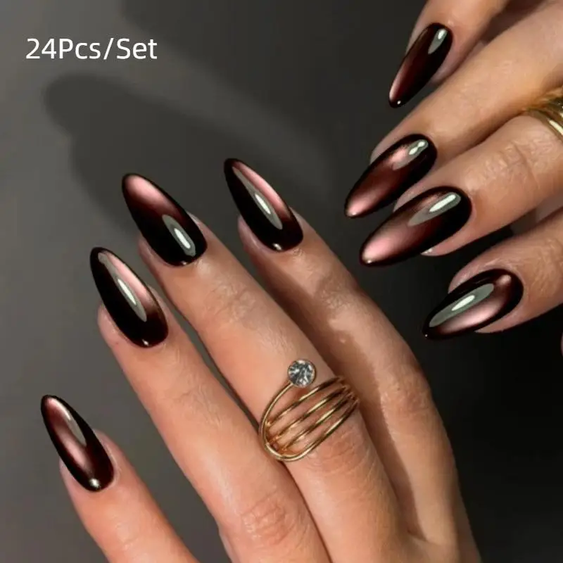 Fake Nails 24Pcs Simple Wine Red Mid-length Almond Press On Nails Easy to Remove for DIY Nail Art Learners