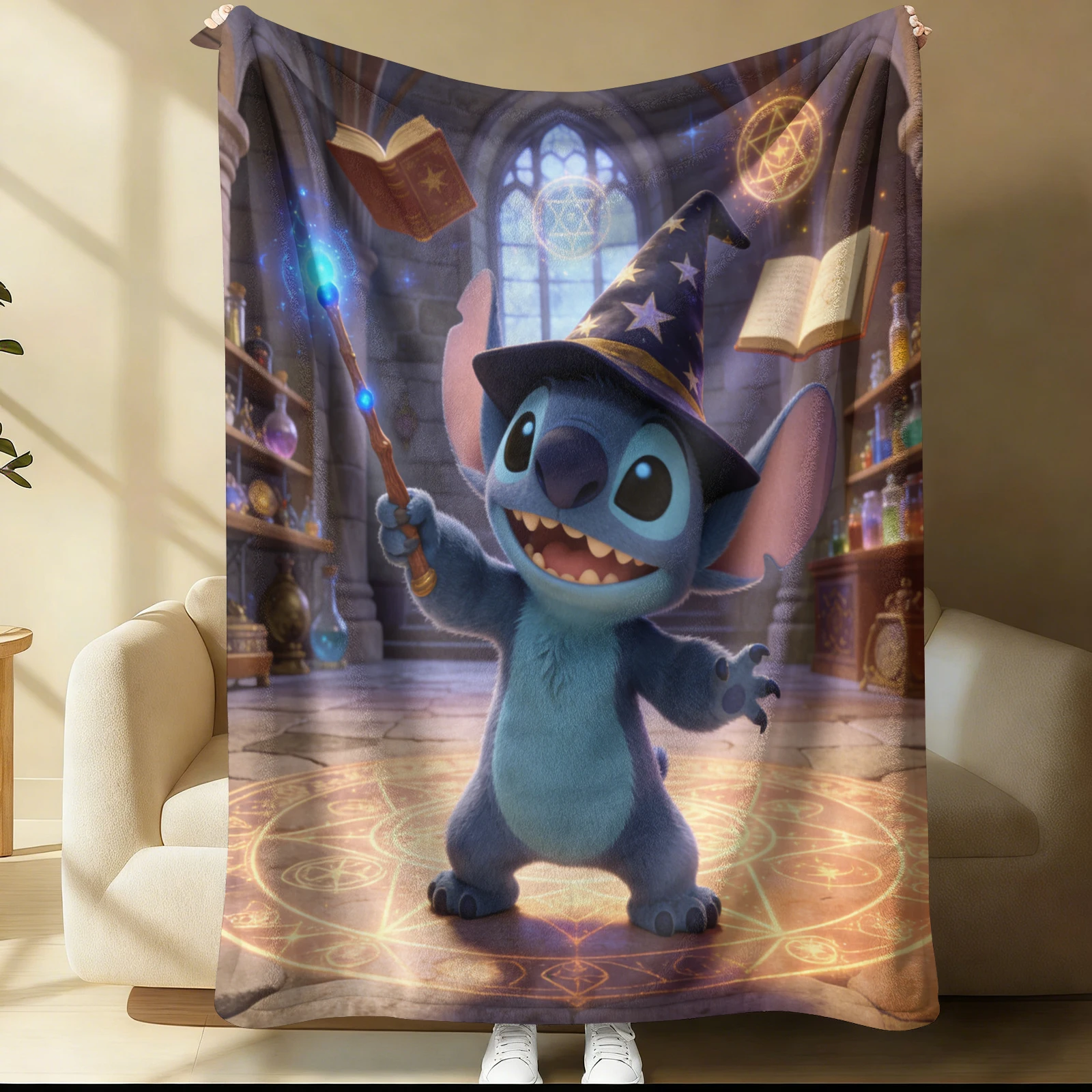 Edición de colaboración con Disney, manta de franela con diseño de Stitch, sombrero de mago y varita, manta cálida ultrasuave, manta de regalo para todas las estaciones