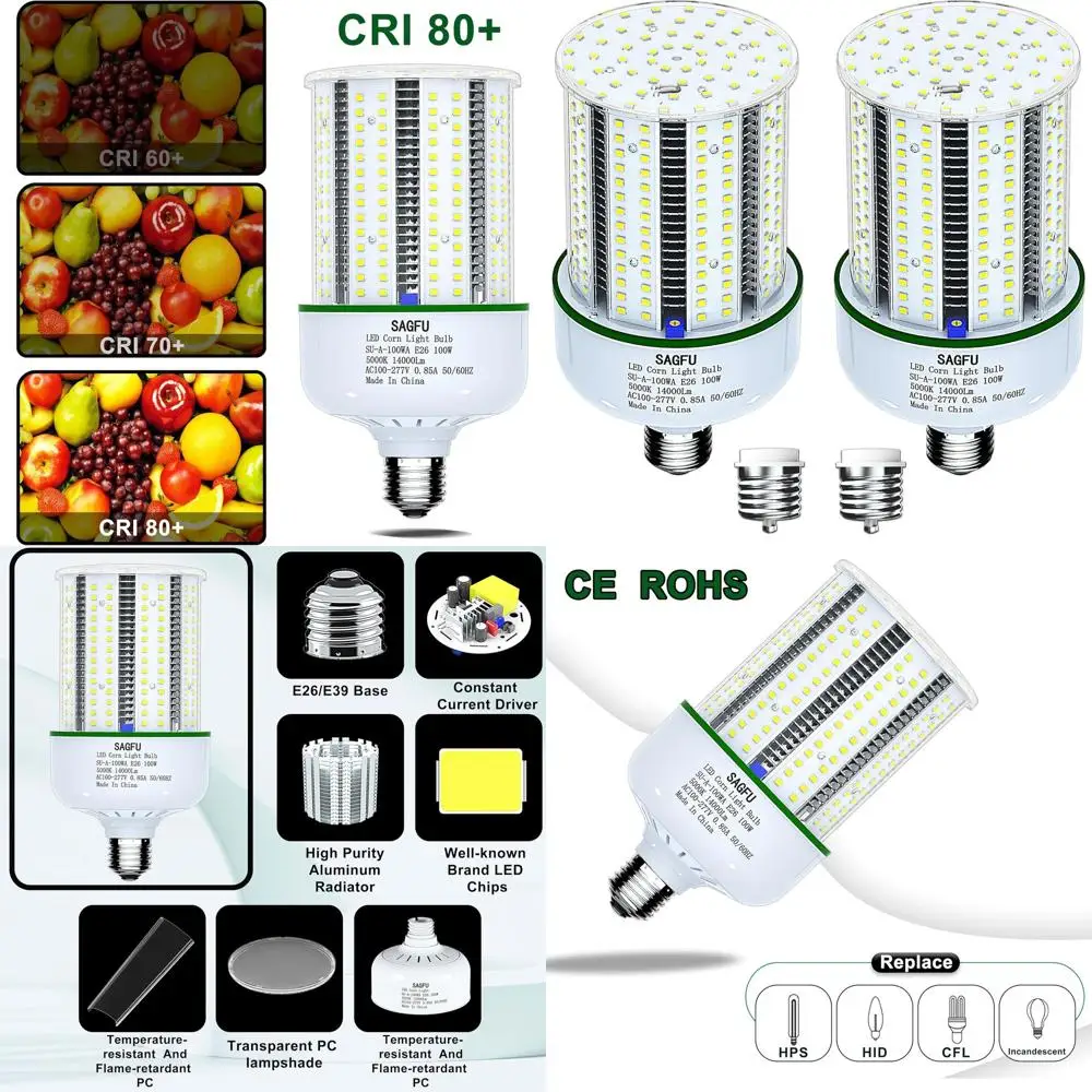 

Комплект из 2 светодиодных ламп Corn 100 Вт, 5000K дневной свет, замена 1000 Вт, цоколь E26/E39, идеально для мастерских и складов