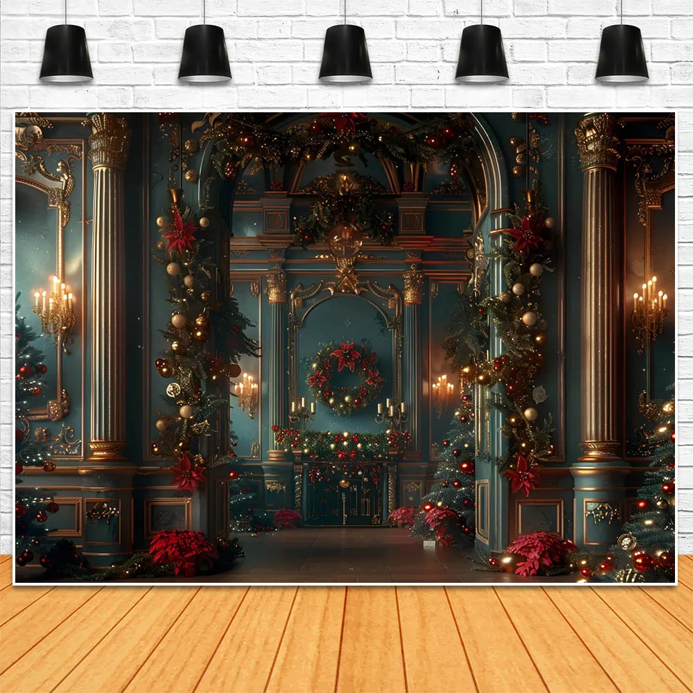 Mocsicka Christmas Background Church Vintage Wall Fireplace Xmas Tree Garland Featival Party Decor Backdrops Photo Studio Props