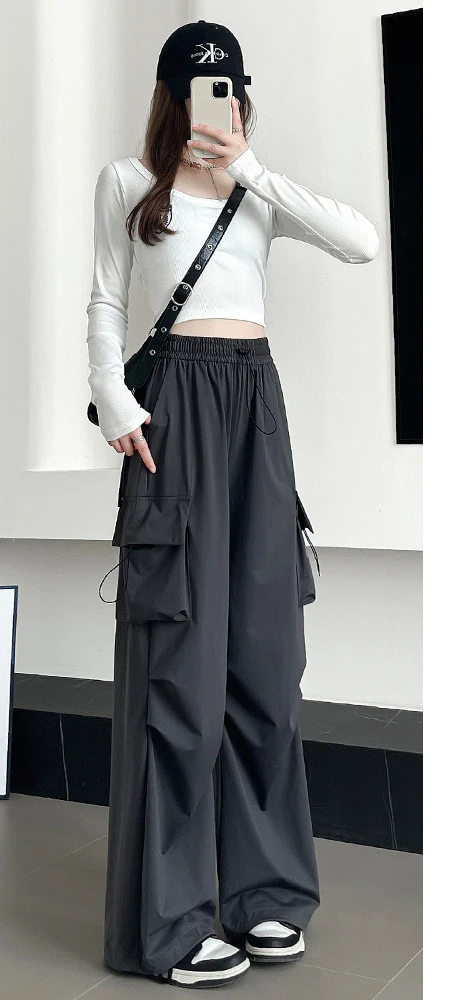 Cargohose für Damen, Streetwear, Herbst, Nylon, bestickt, Stickerei, Perlen, mit Diamanten besetzt, glitzernde Pailletten, glänzender Vintage-Stil