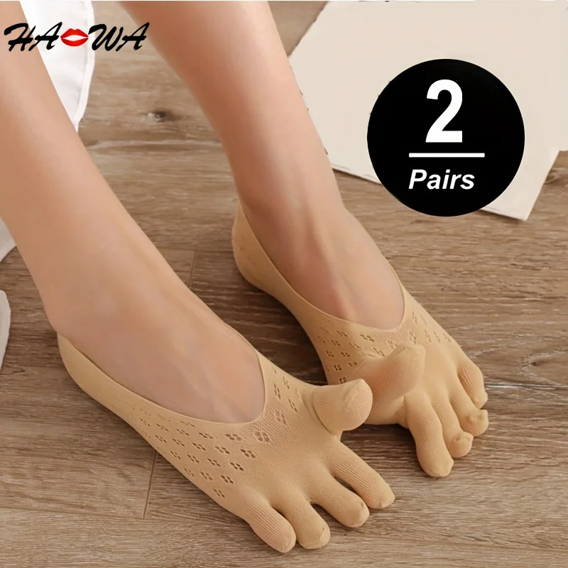 

HA WA 2 Pairs/Lot Women's Invisible Breathable Five-Toe Socks In Spring Summer Non-Slip Mesh Breathable Elastic Solid Silk Socks