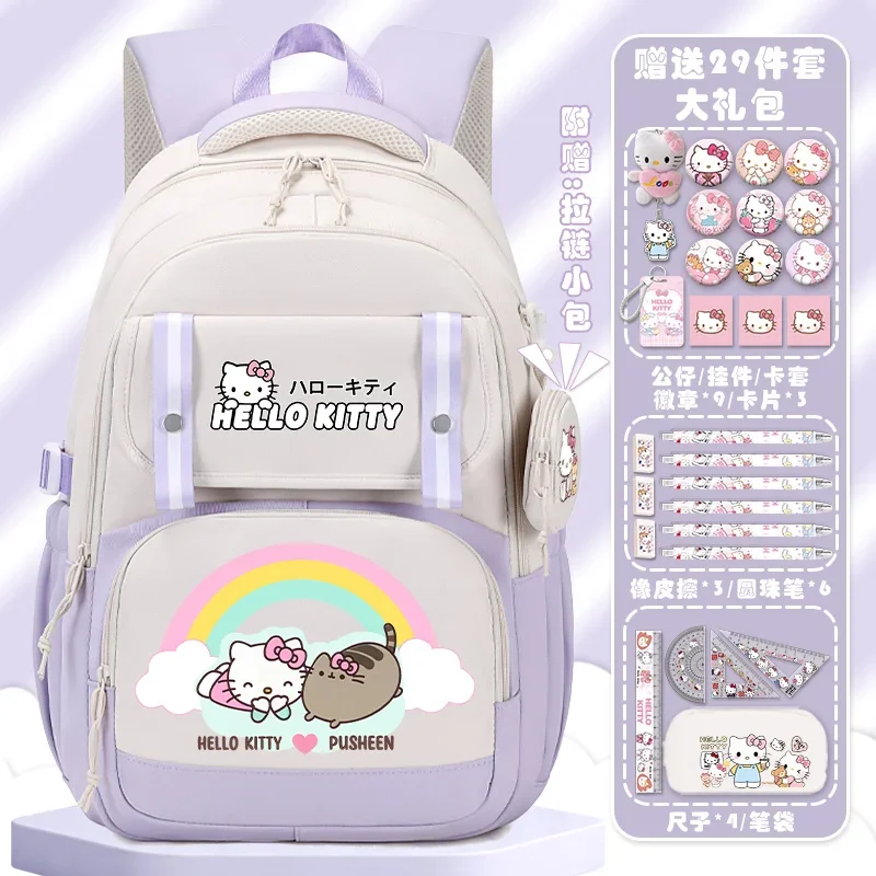 Sanurgente-Cartable étudiant Hello Kitty pour enfants, grande capacité, dessin animé anime, sac à dos léger à double initiation, nouveau