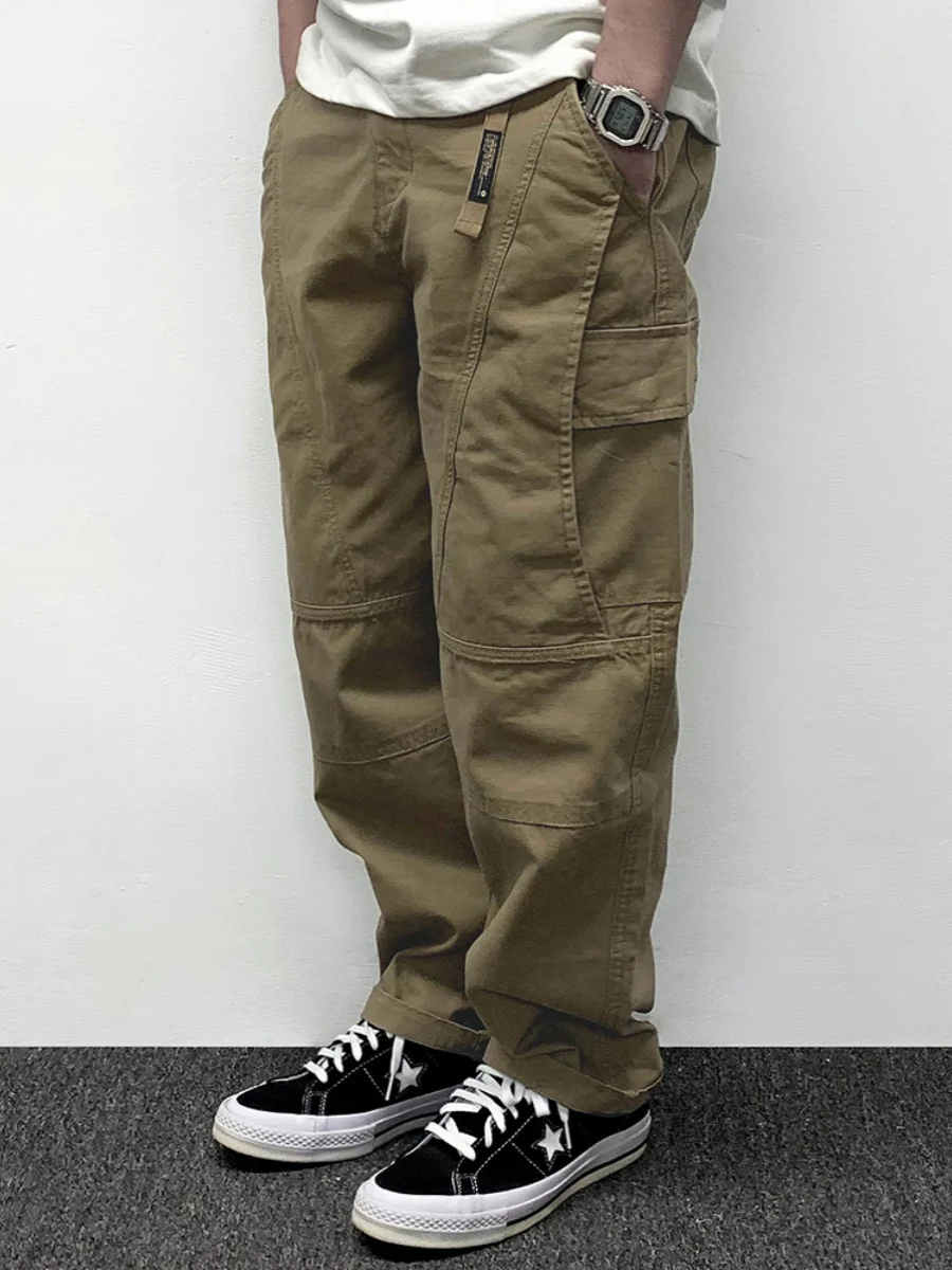 Plones Casus Hoados de Estilo Retro Americano para Hombre, con Múltiples Bolsillos, Color Puro, Estilo Simple, P...