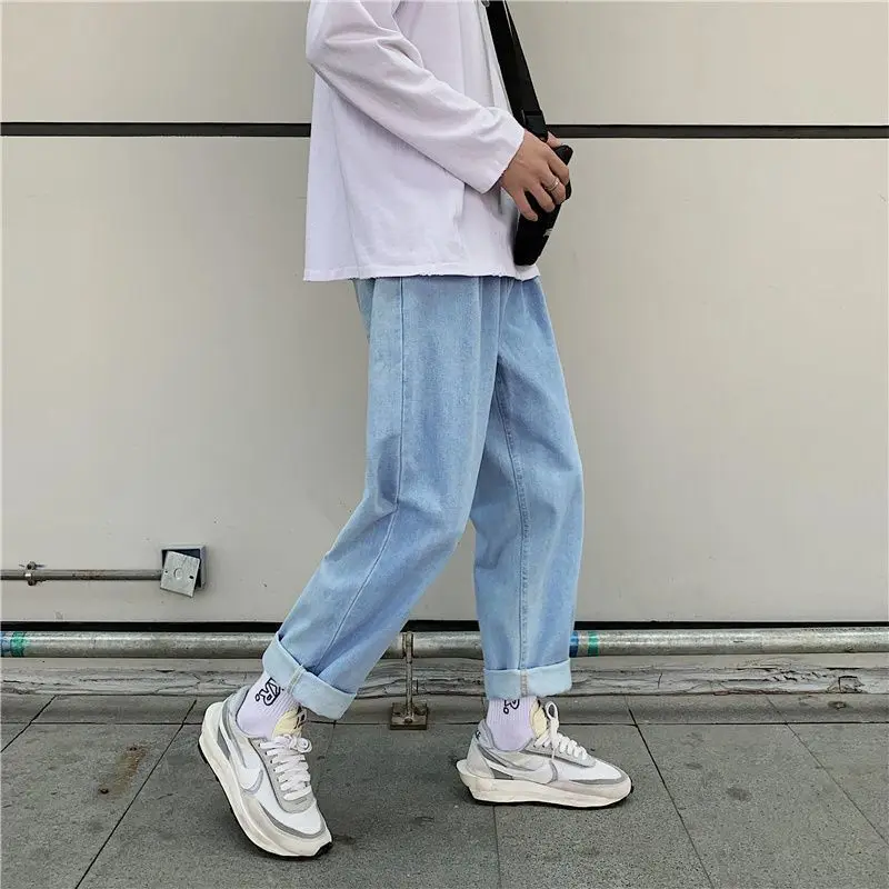 

Loose Straight Leg Men's Jeans Elastic Waist Cotton Denim Summer Thin Fashionable Hong Kong Style Nine Points Long Pants