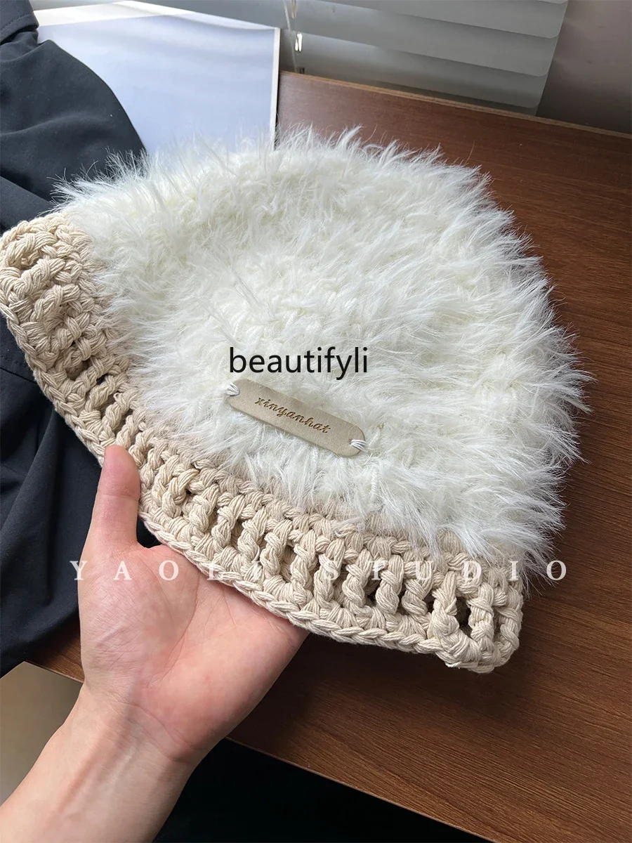 

Plush hand-knitted fisherman's hat children autumn and winter warm splicing hollow wool basin hat