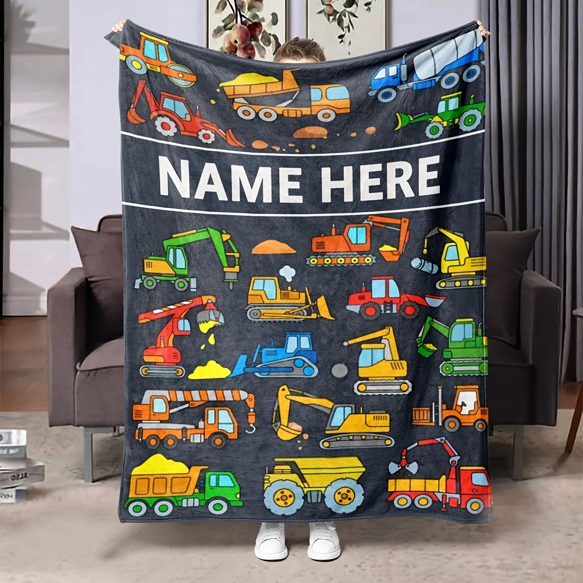 Personalisierte Namens-Cartoon-Decke für Baufahrzeuge, niedliche Baustaruck-Flanelldecke, ganzjährig weiches, gemütliches Geschenk für Zuhause