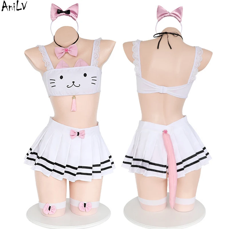 AniLV Kawaii Girl Student Cute Cat Maid Uniform Costume Women Sexy Tassel Katze Pajamas Lingerie Outfit Cosplay Pleated Skirt