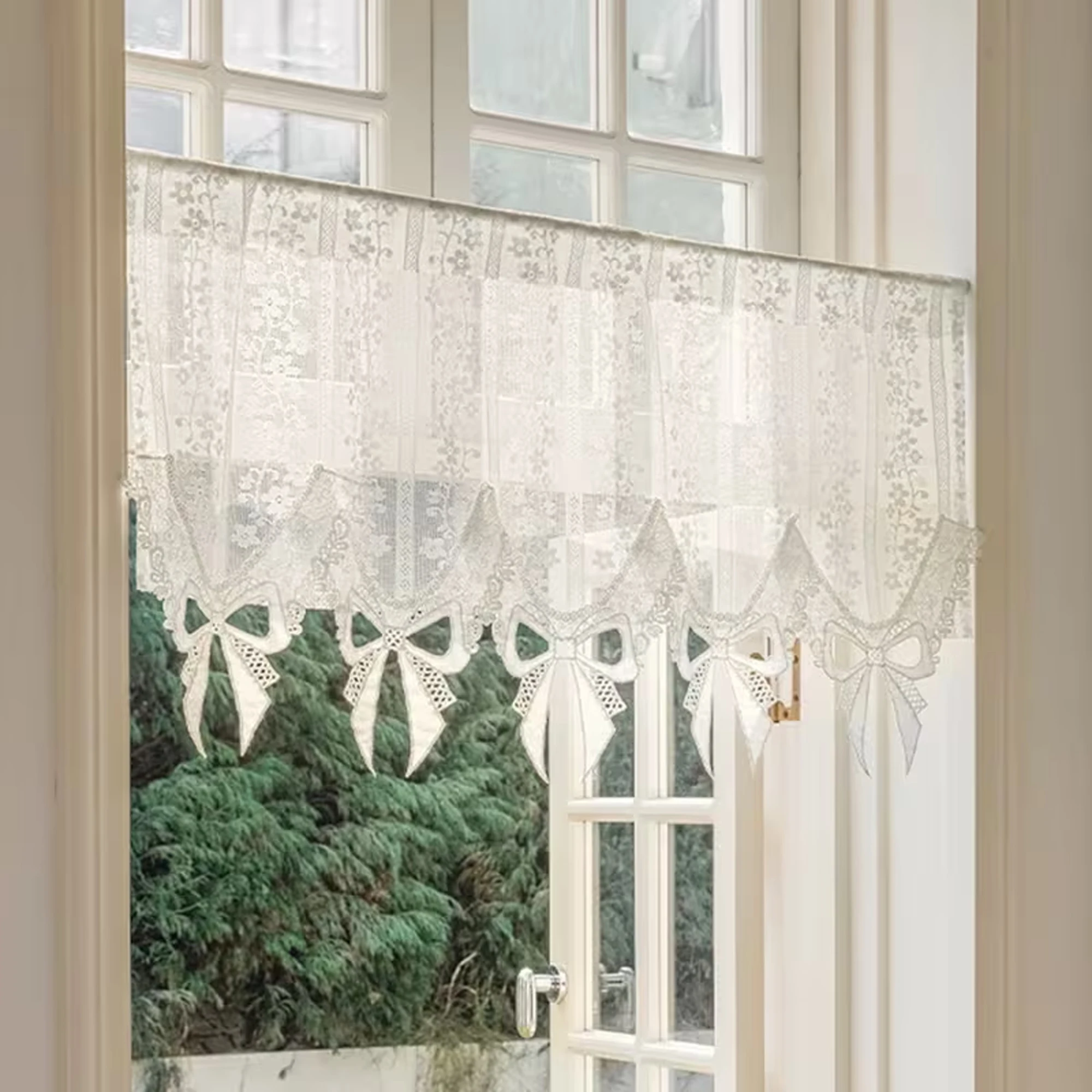 1 Stück Moderner Romantischer Weißer Exquisiter Blumen-Gewebter Kurzer Vorhang, Stangeneinschub für Küche/Wohnzimmer/Schlafzimmer Fenster Heimdekoration