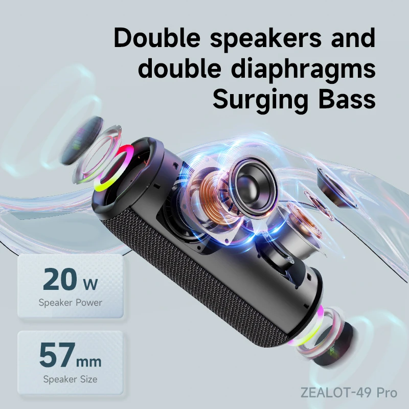 ZEALOT S49 Pro Bluetooth Speaker Wireless Portable TWS Stereo Support TF Card， LED Control ，Bluetooth 5.2，3600mah Battery