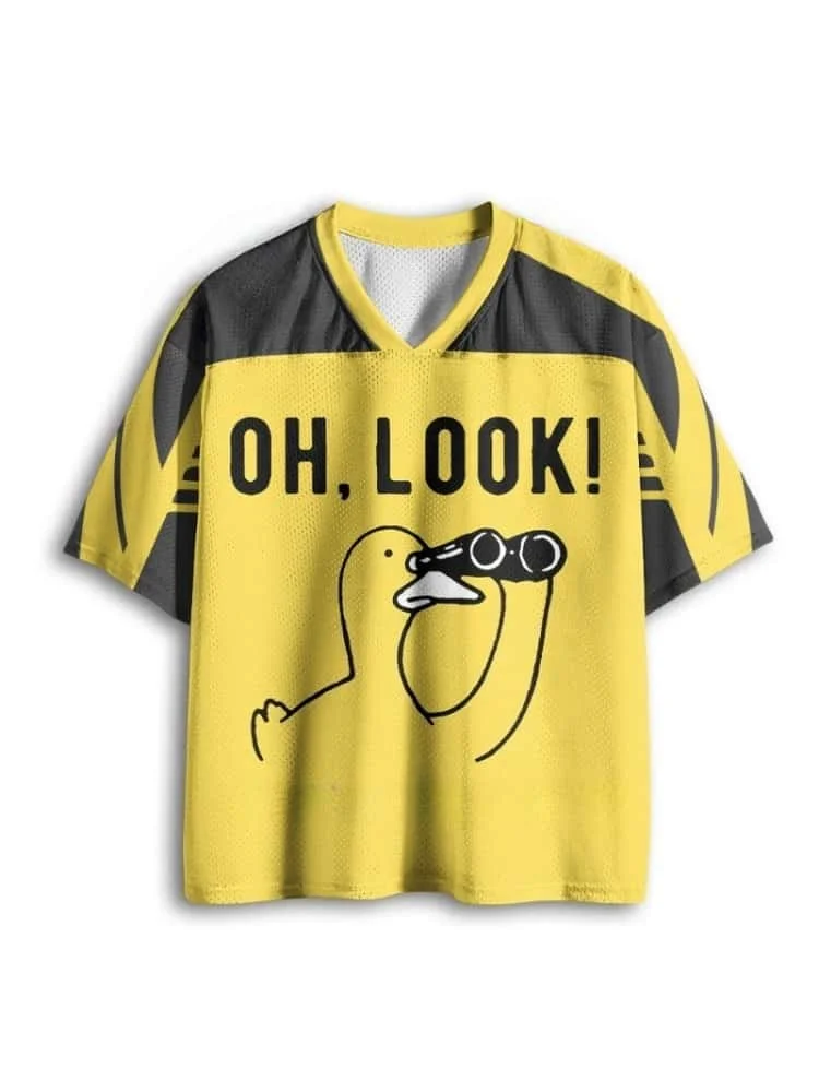 2026 Summer New Funny Telescope Yellow Duck V-neck Fun Mesh Versatile Casual Men's and Women's Short Sleeved T-shirt