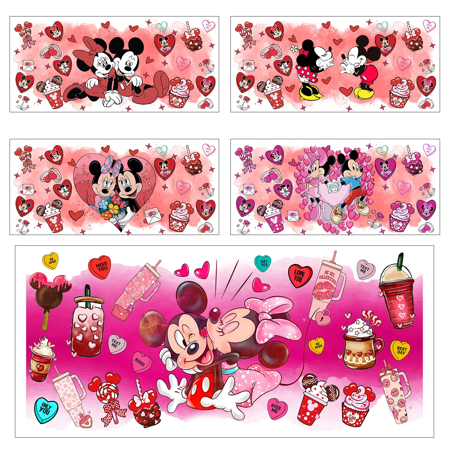 عيد الحب ميكي XOXO سهل التقشير مقاوم للماء لتقوم بها بنفسك الشارات ثلاثية الأبعاد نقل ملصقات uvdtf 16oz uv dtf بهلوان كوب يلتف ملصق