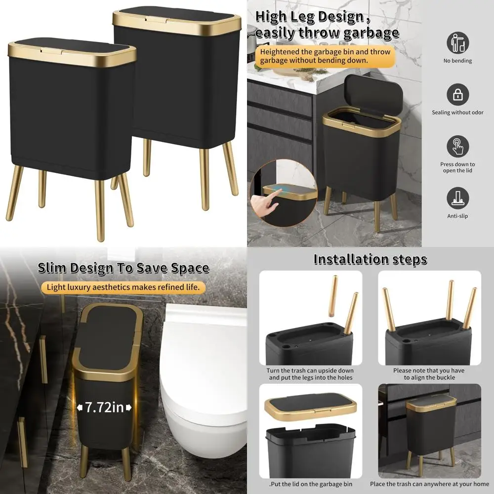 

Office Bathroom Trash Can, 4 Gallon Capacity, Gold Color, Push Button Lid, Narrow Design Garbage Bin for Compact Spaces