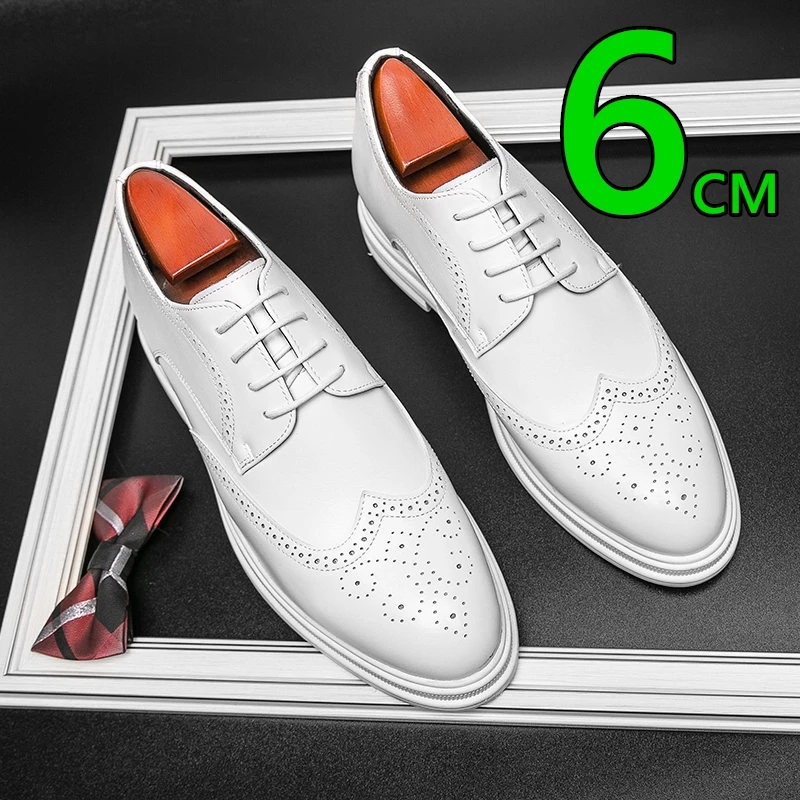 Men's Brogue Shoes White Patent Leather 6CM Hidden Height Increase Insoles Formal Dress Casual Oxfords for Wedding Business