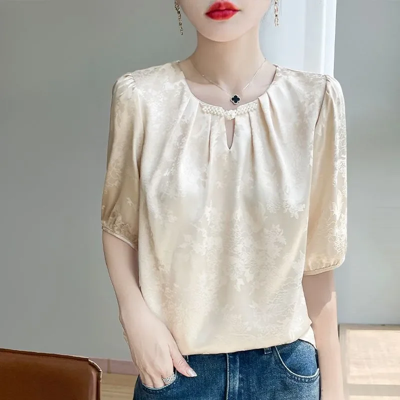 Cream Floral Jacquard Blouse with Pearl Trimmed Round Neck Puff Sleeve Loose Fit Summer Women Blouse