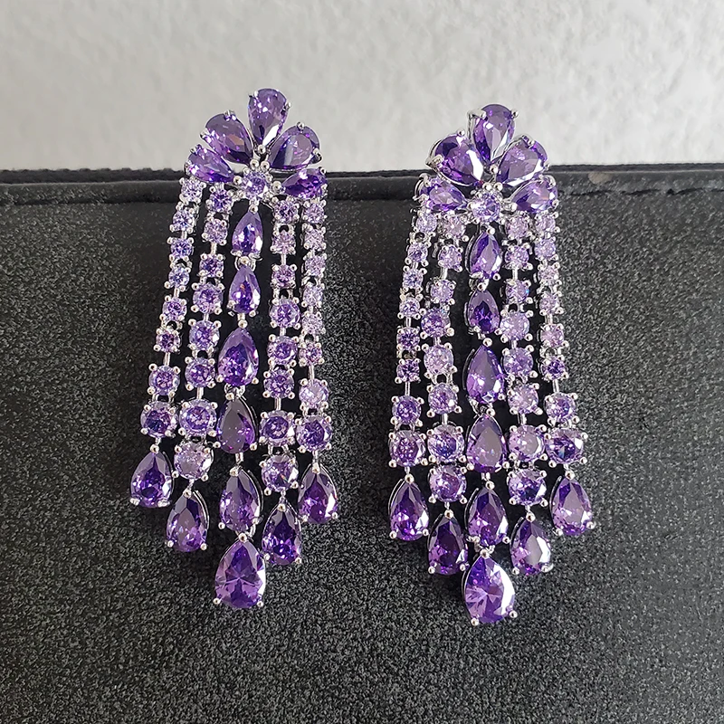 Water Drop Tassel Dangle Earrings for Women 2023 Luxury Jewelry Cubic Zirconia Green Purple Statement Earrings Gift Female