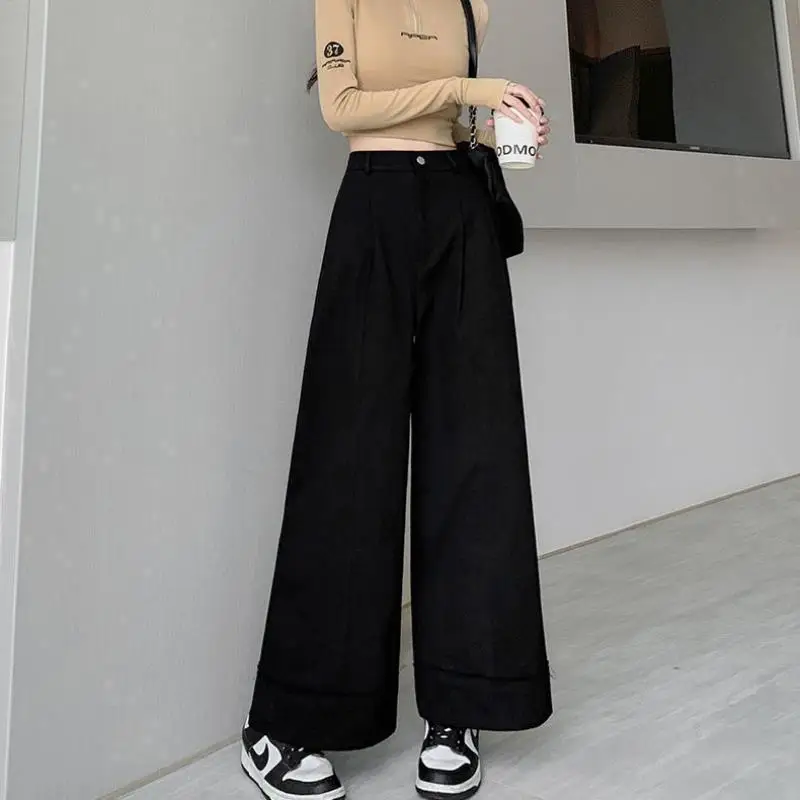 Wash water pure cotton wide leg pants autumn Korean version new high waisted slim fit loose straight leg casual pants