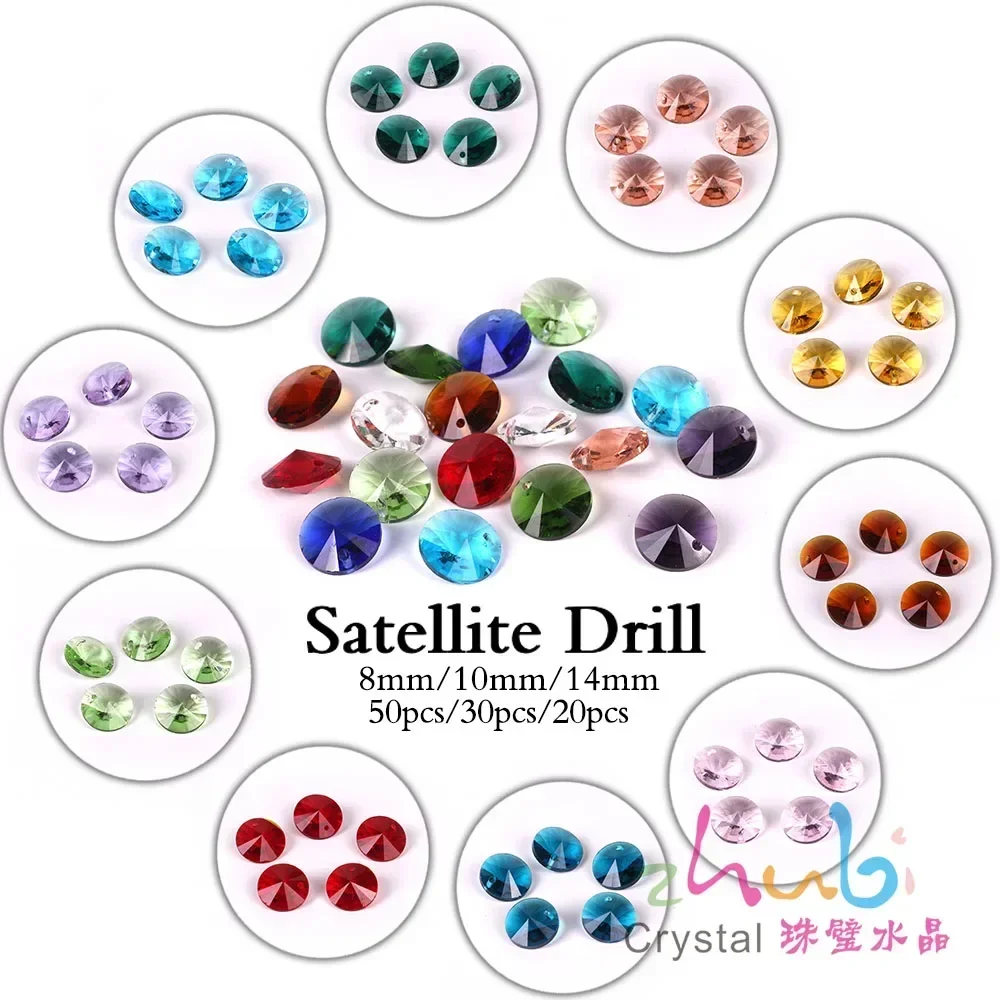8MM 50Pc Glass Satellite Crystal Diamond Rivoli Pointed Back Round Pendant Beads For DIY Making Costume Jewelry Accessories