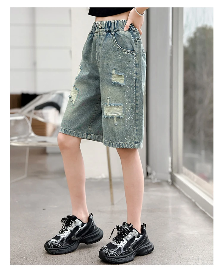 Slim Fit Kinder-Jeansshorts mit Löchern für Teenager-Mädchen, Lässige Sommer-Destroyed-Shorts, Coole Streetwear-Hosen für Kinder – Detail 5