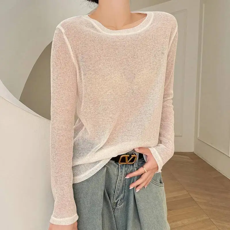 

Spring Autumn Sexy Mesh Perspective Blouses Women Trend Personality Loose Long Sleeve Tops Korean Oversize Style O Neck Shirts