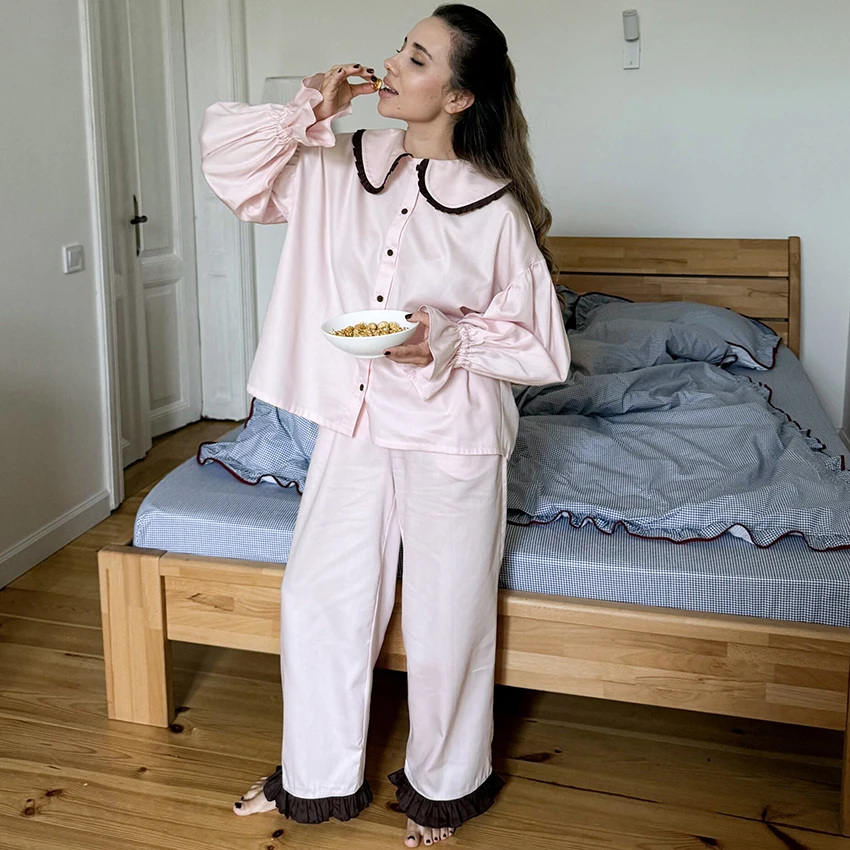 

HiLoc Autumn Cute Ruffles Pajamas 2 Piece Suits Women Home Peter Pan Collar Shirts Elastic Waist Pants 2025 Casual Outfits Sets