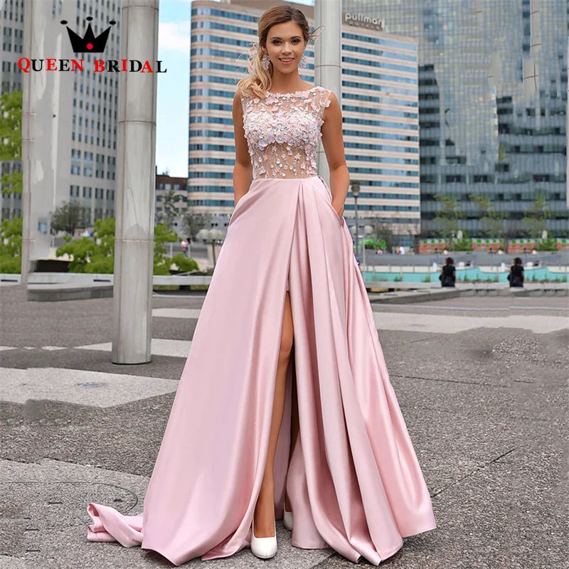 

A Line Satin Pink Prom Dress Side Slit O Neck Illusion Sleeveless Appliques Lace Formal Occasion Gown Robe De Soirée Custom J51Q