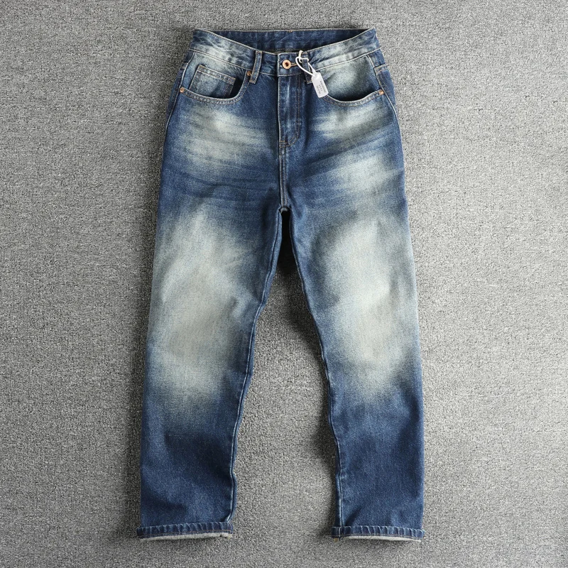 กางเกงยีนส์วินเทจสีน้ำเงินฟอกทรงหลวมขาตรงผ้าหนาสไตล์สตรีทเทรนดี้สำหรับผู้ชาย