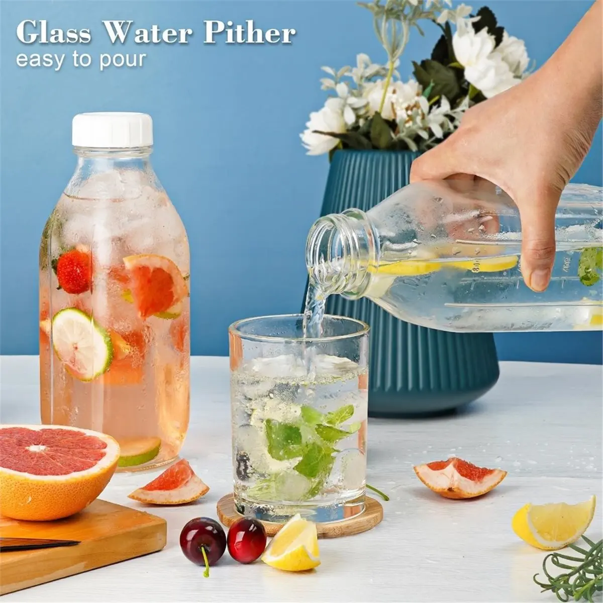 HAPPYDAY~ 4 Pack Glass Milk Bottle with 4 Dispenser Caps, Airtight Heavy Duty ScrewLid. 32 Oz Reusable Glass Water Jug