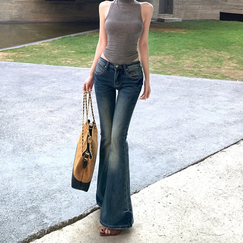 Benuynffy 2025 Autunno Nuovo Vintage Lavato Flare Jeans Donna Moda Coreana Streetwear Vita Bassa Tutti I Match Pantaloni a Campana