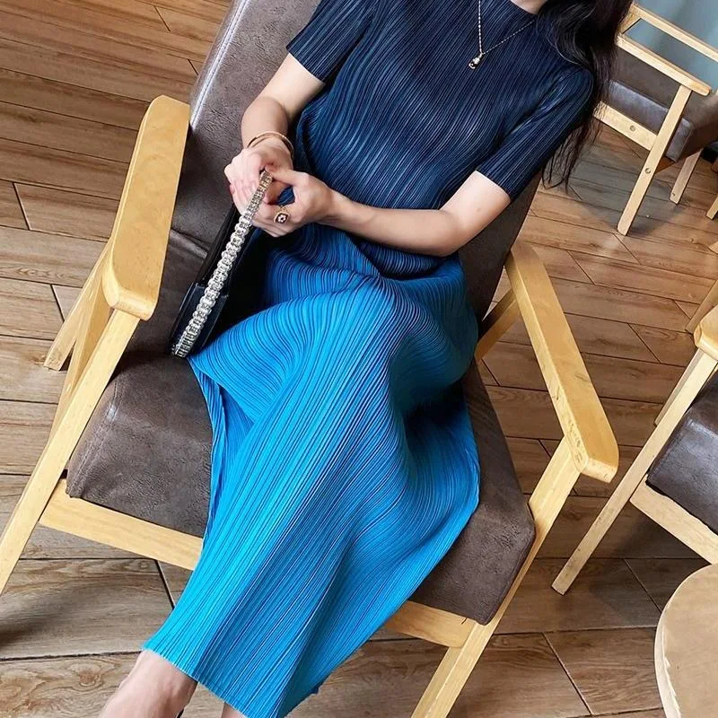 Classic Japanese Pleats Please Pleated Gradient Color Plus Size Issei Long Dress For Women Elegant Top Skirt One Piece Clothes
