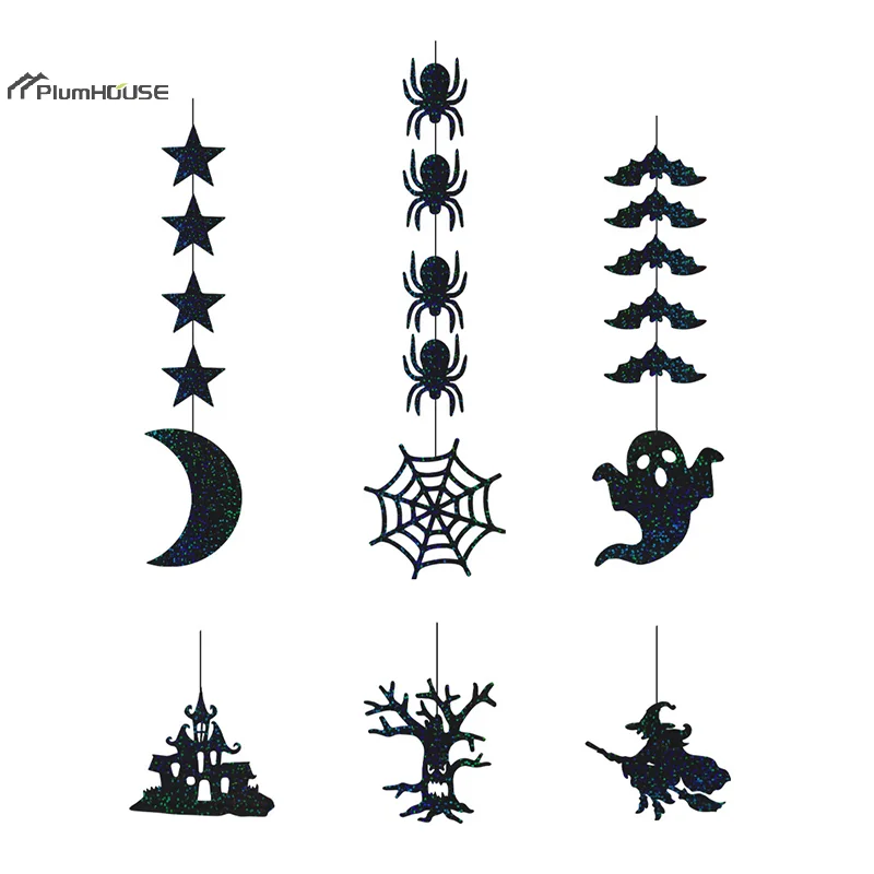 6Pcs/lot Halloween Hanging Banner Garland Cartoon Spider Witch Ghost Bat Hanging Pendant Ornament For Home Halloween Party