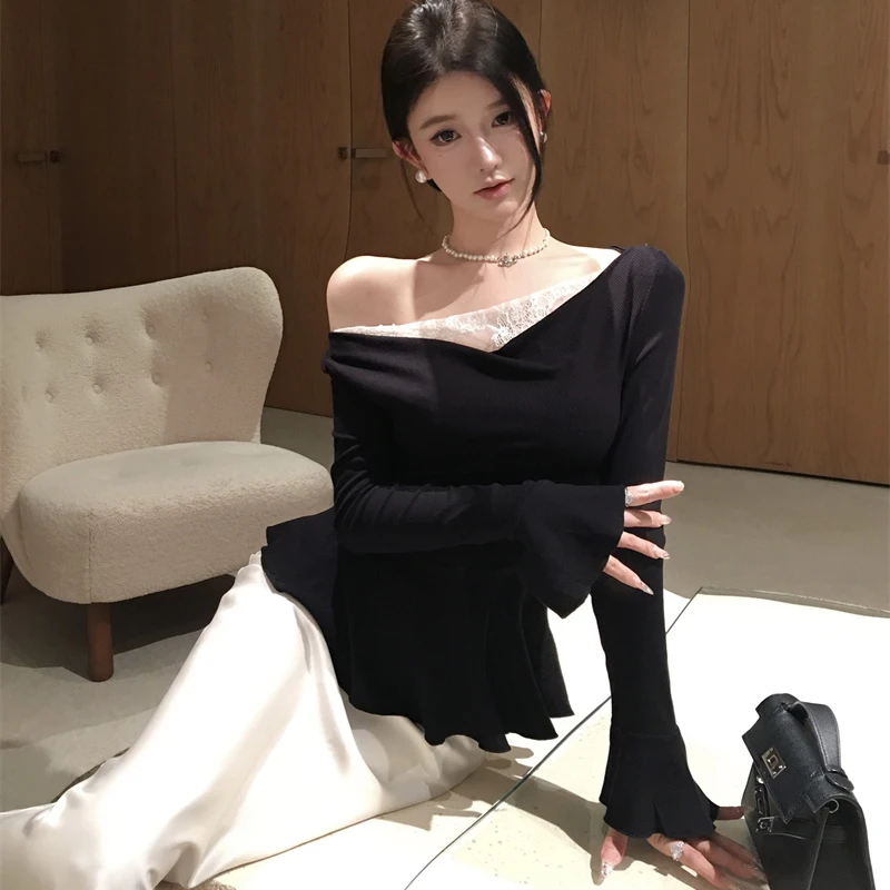 Y2k Tops for Women Fairycore Clothes Lace Trim Slash Neck Long Sleeve Knit Shirt Ruffle Hem Peplum Sweater Flare Sleeve Pullover