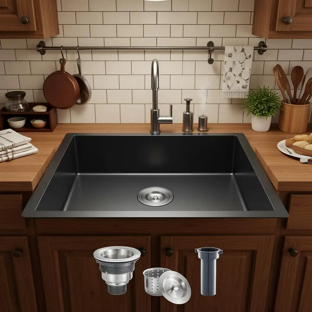 

20-дюймовая кухонная мойка под столешницу, черная, из нержавеющей стали 18 калибра, ручной работы, с одной чашей (20x16x9 дюймов)