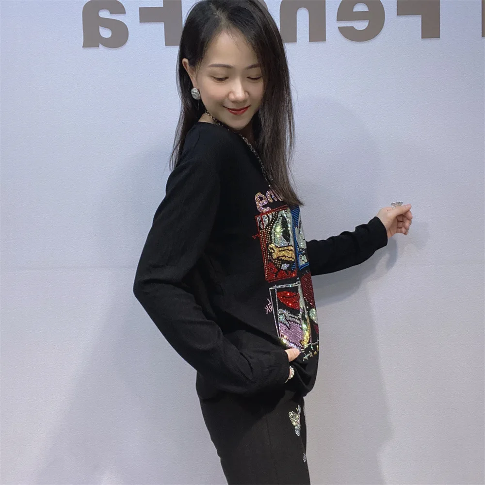 أسود اللون س الرقبة حجر الراين قاع قميص الخريف الشتاء يمكن ارتداؤها خارج طويلة الأكمام الطبقة الداخلية الراقية التخسيس الأعلى تيز