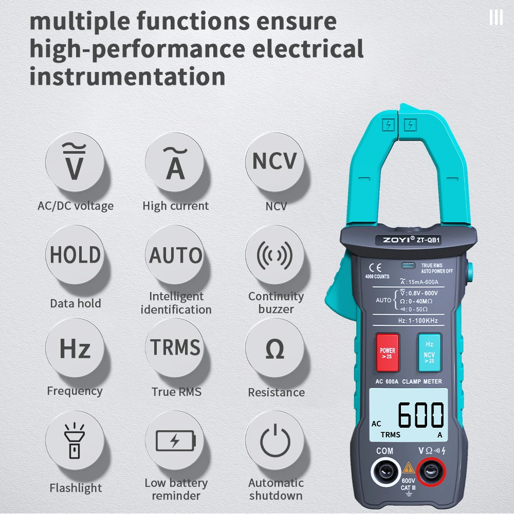 ZOYI Digital Clamp Meter 600A Current True RMS Smart Plier ammeter Auto Rang 6000 Multimeter DC AC Voltage Hz Ohm NCV Tester