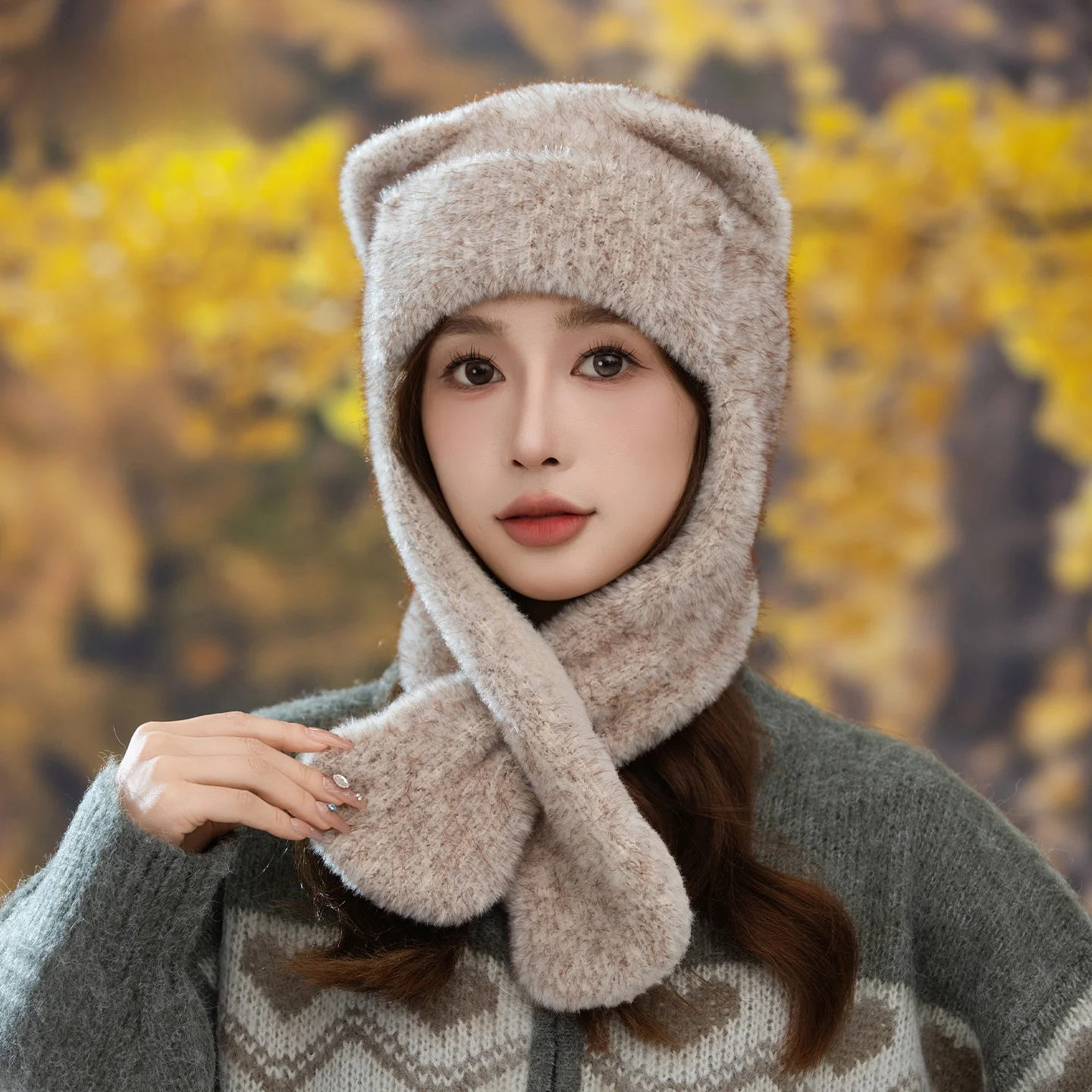 韓国風猫耳ふわふわニット帽-レディース秋冬暖かい耳当て付きスカーフ一体型ニット帽-カップル向け