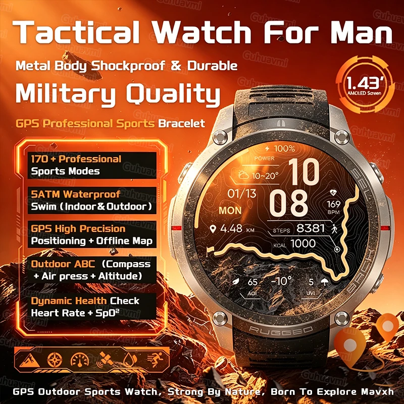 

Newly Tactical GPS Sport Smart Watch For man Offline Map 1.43" AMOLED Display 5ATM Flash Charge Fitness Compass Call Smart Watch