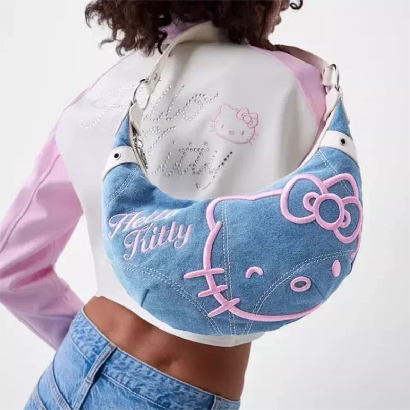 

Новинка весна-лето 2024 новая вместительная джинсовая сумка для подмышек Hello Kitty милая сумка-мессенджер через плечо в стиле ретро женский подарок на день рождения